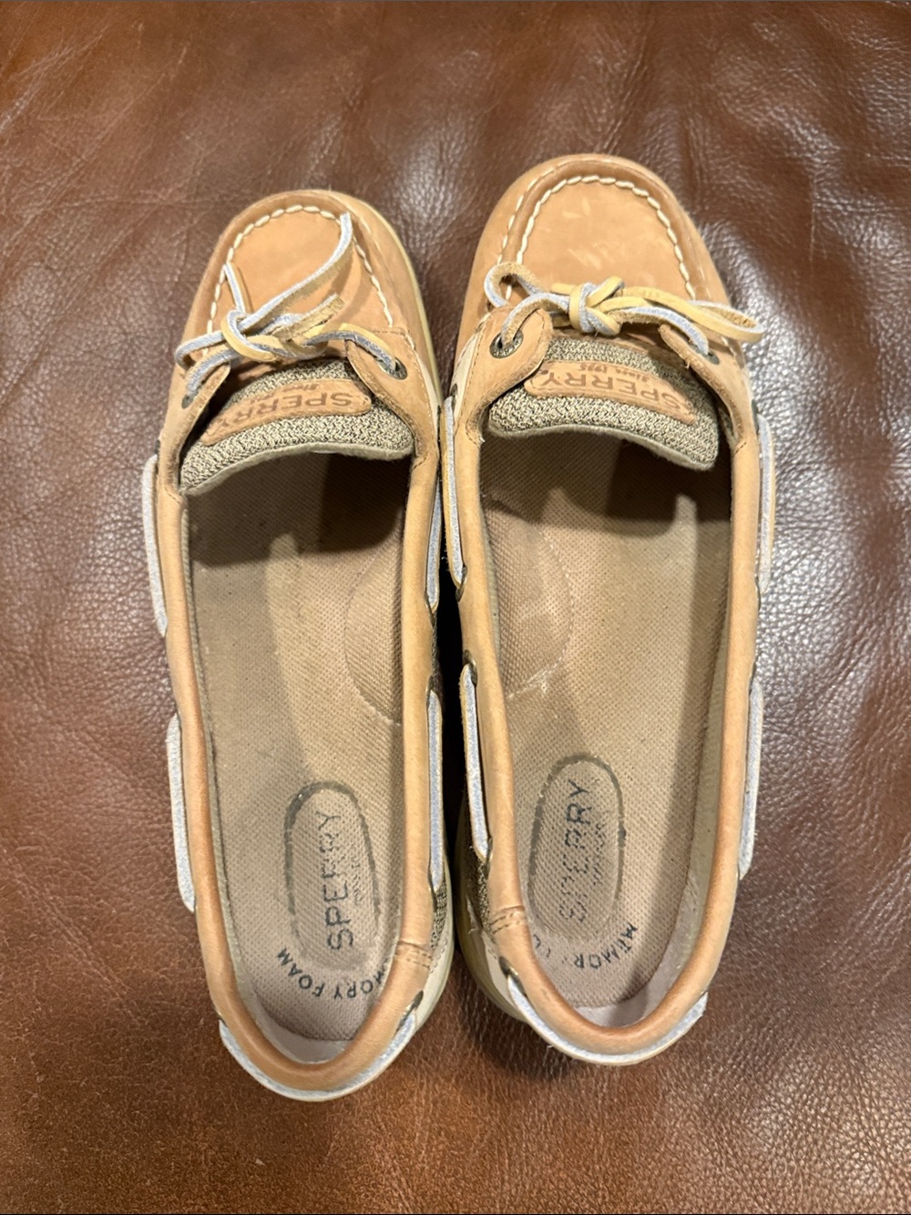 Sperry Women's Tan Leather Moccasin Boat Shoes with White Accents